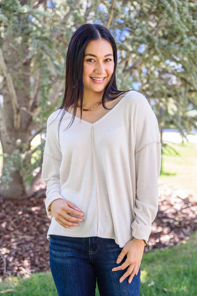 Here And Now Long Sleeve V-neck Beige Top Womens Southern Soul Collectives 