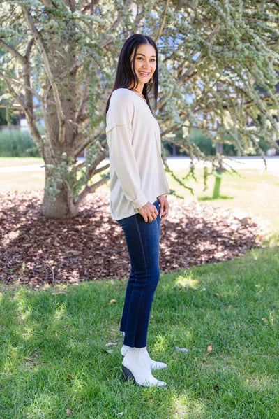 Here And Now Long Sleeve V-neck Beige Top Womens Southern Soul Collectives 