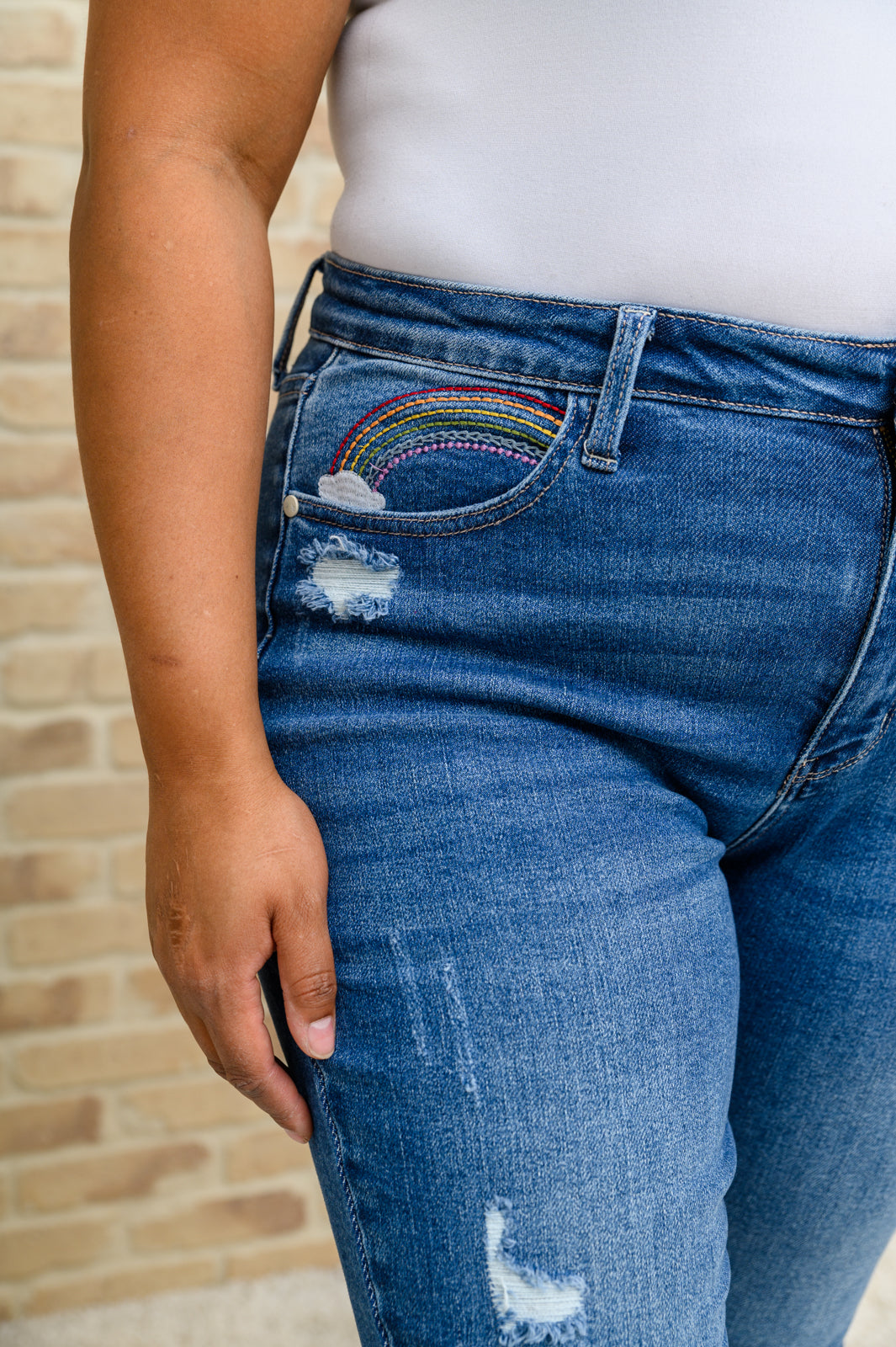 Hi-Rise Rainbow Embroidery Cropped Straight Leg Jeans Womens Southern Soul Collectives 