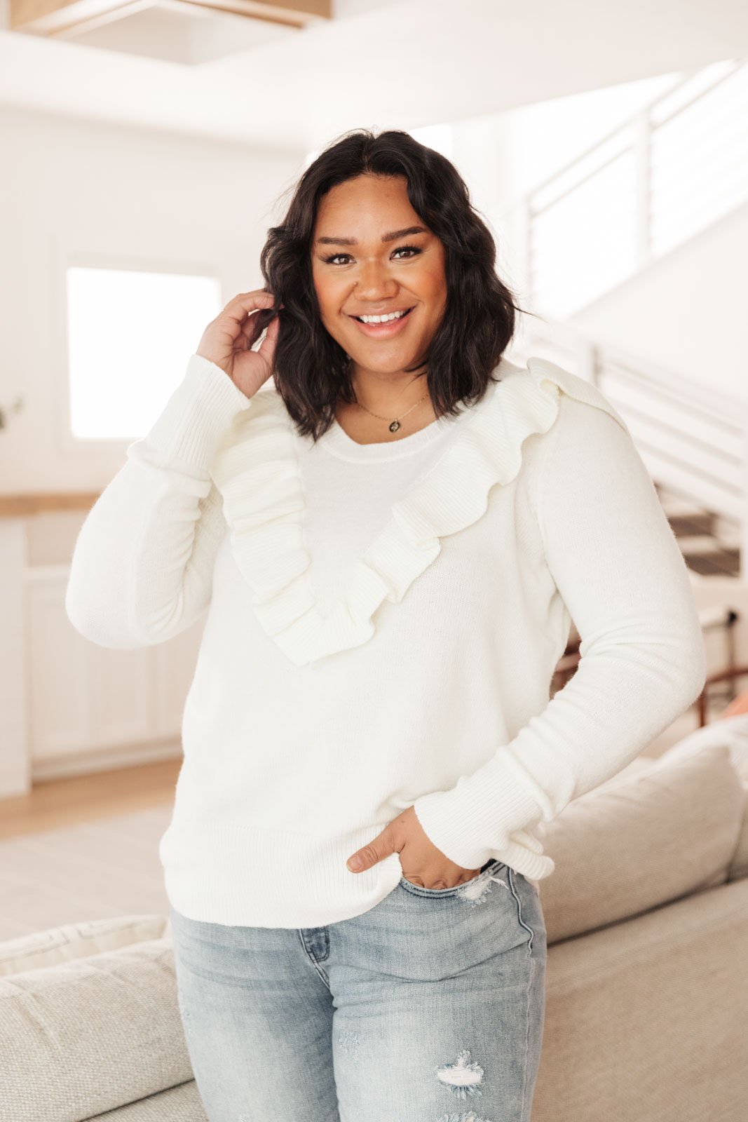 I Choose You Ruffle V-shape Sweater in Ivory Womens Southern Soul Collectives 