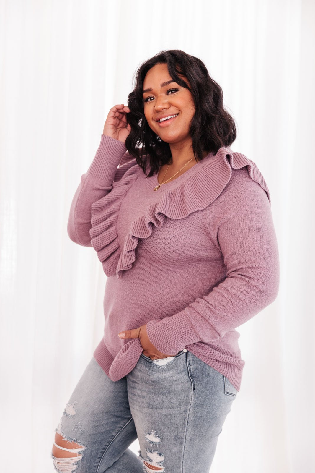 I Choose You V Shaped Ruffle Sweater in Purple Womens Southern Soul Collectives 