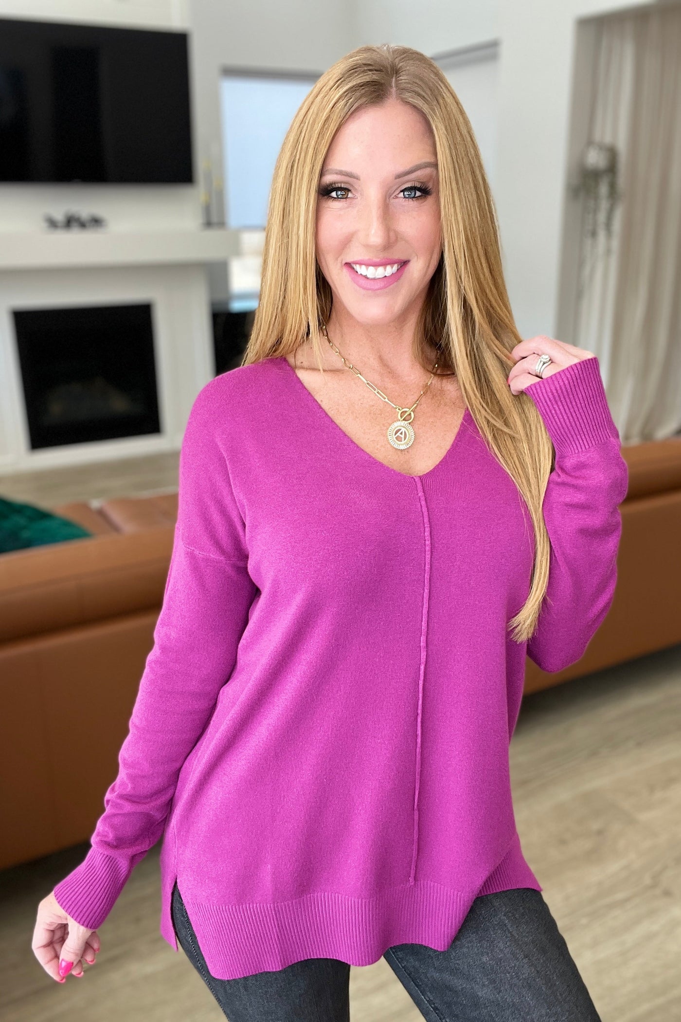 V-Neck Front Seam Sweater in Light Plum Womens Southern Soul Collectives