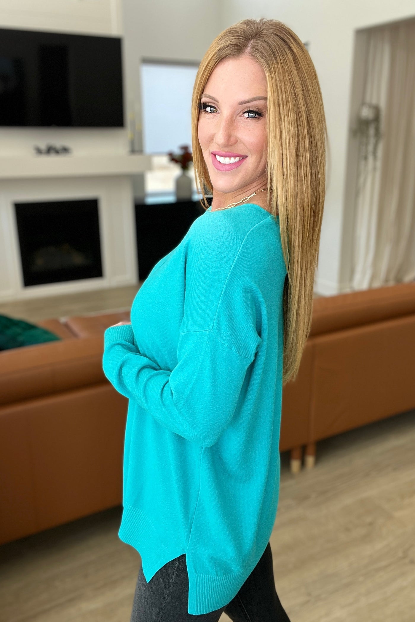 V-Neck Front Seam Sweater in Turquoise Womens Southern Soul Collectives