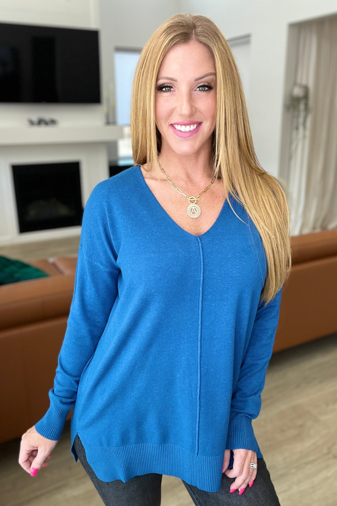 V-Neck Front Seam Sweater in Heather Classic Blue Womens Southern Soul Collectives