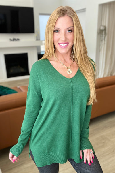 V-Neck Front Seam Sweater in Heather Dark Green Womens Southern Soul Collectives