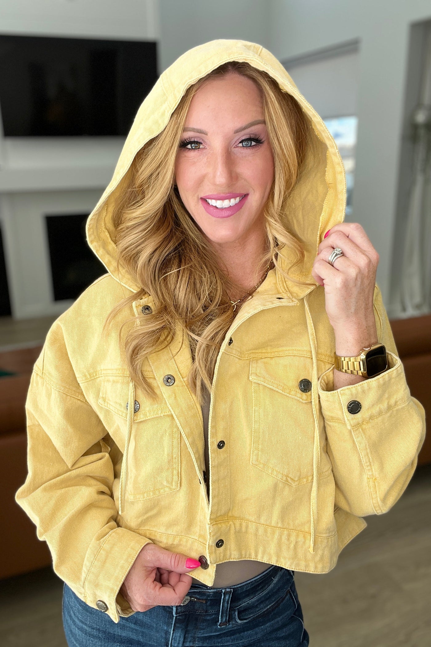 Cropped Hooded Denim Jacket in Mustard Womens Southern Soul Collectives