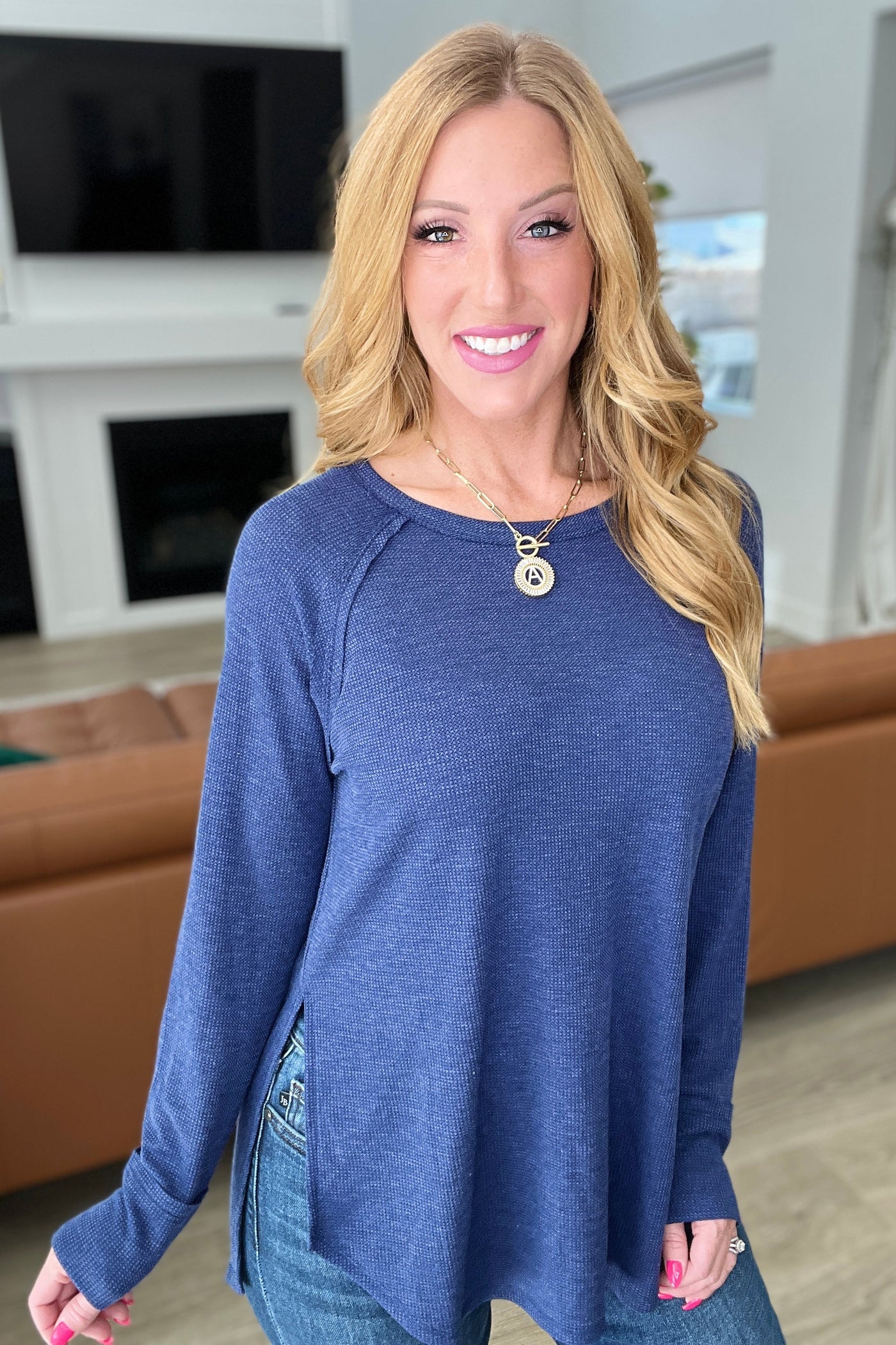 Melange Baby Waffle Long Sleeve Top in Light Navy Womens Southern Soul Collectives