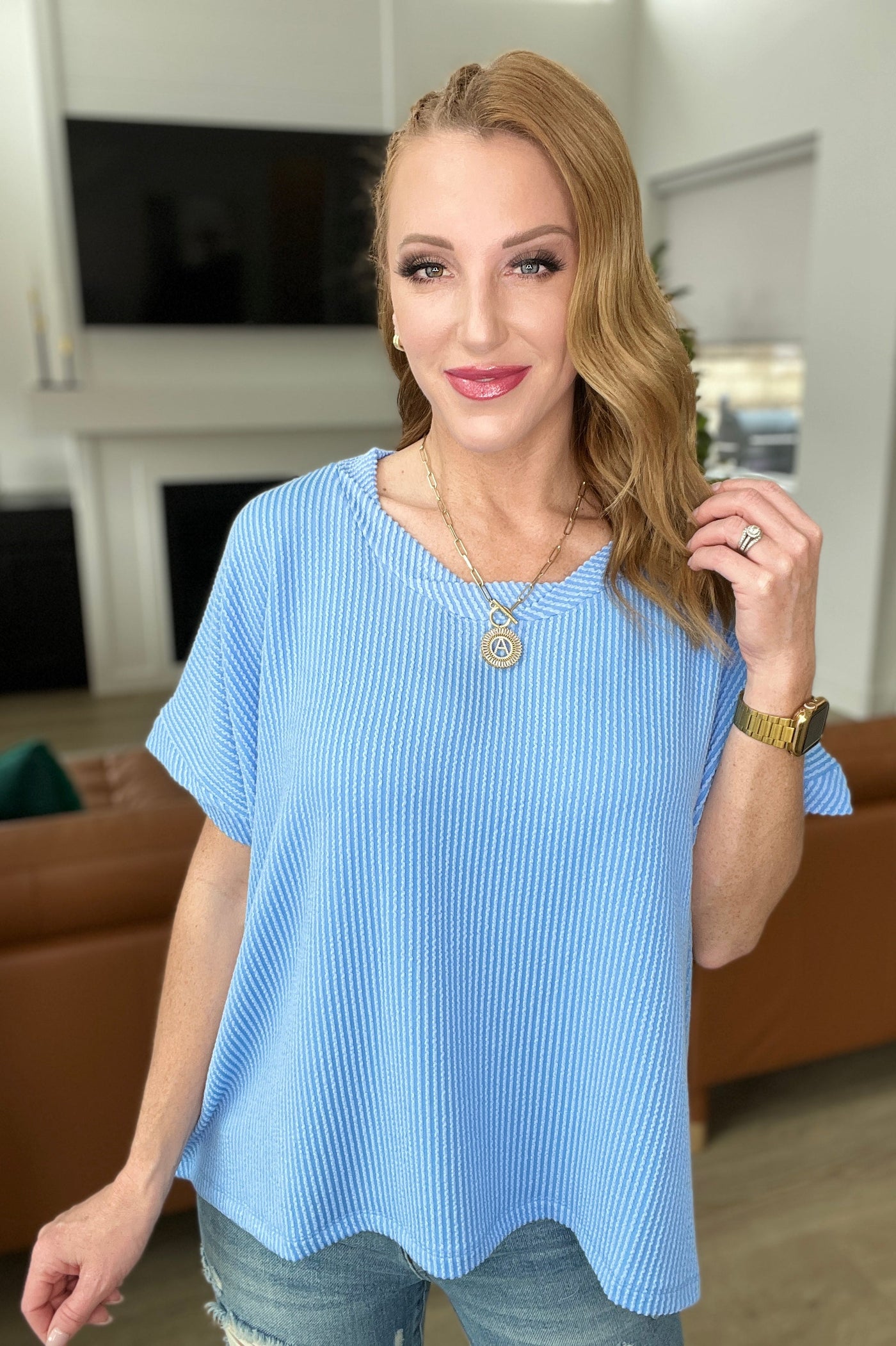 Textured Line Twisted Short Sleeve Top in Sky Blue Tops Southern Soul Collectives