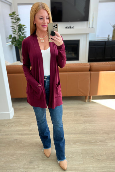 Slouchy Pocket Open Cardigan in Dark Burgundy Womens Southern Soul Collectives 