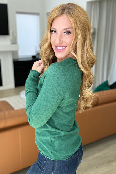 Round Neck Rolled Hem Sweater in Dark Green Womens Southern Soul Collectives 