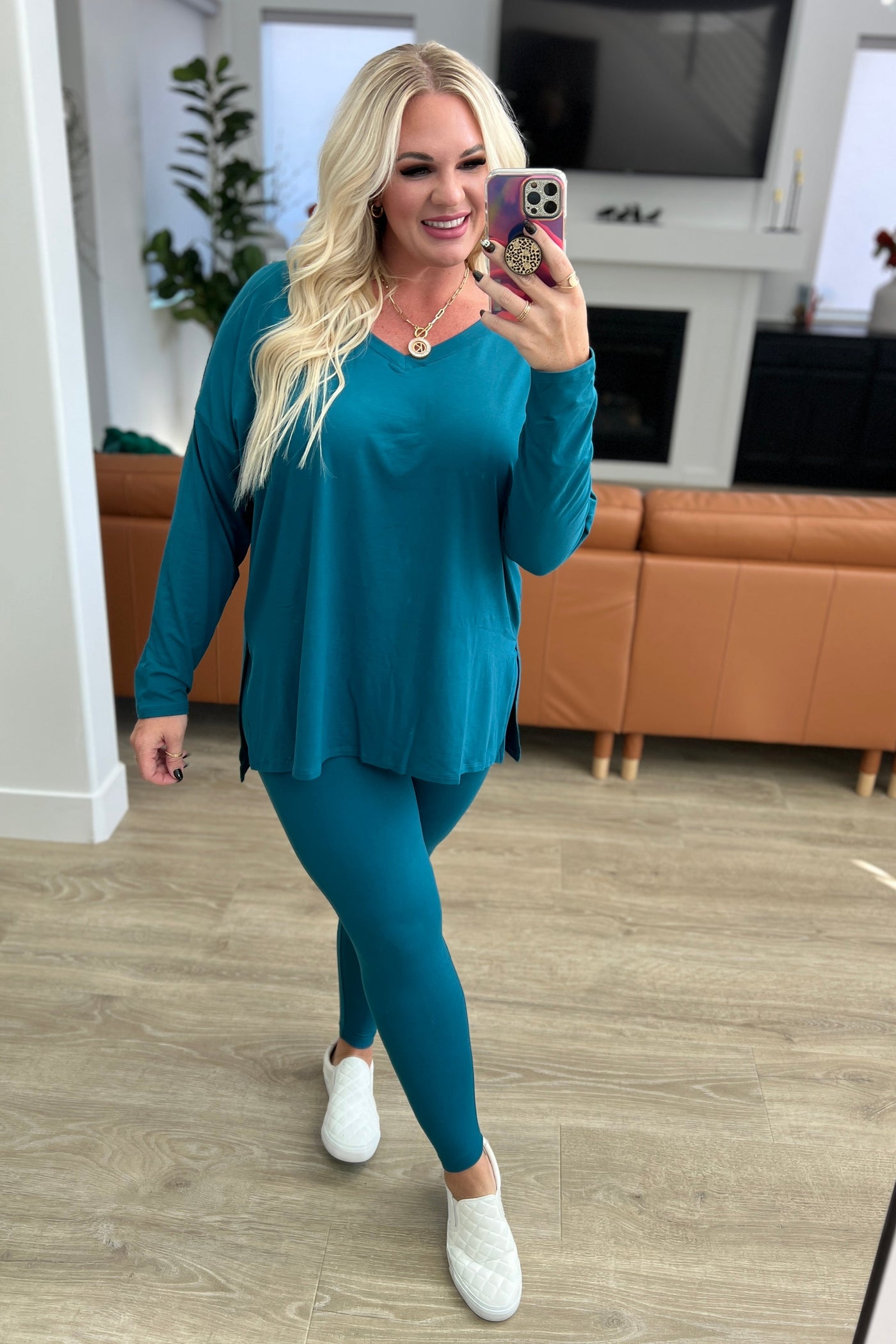 Slay All Day Buttery Soft V-Neck Long Sleeve Loungewear Set in Teal - Southern Soul Collectives