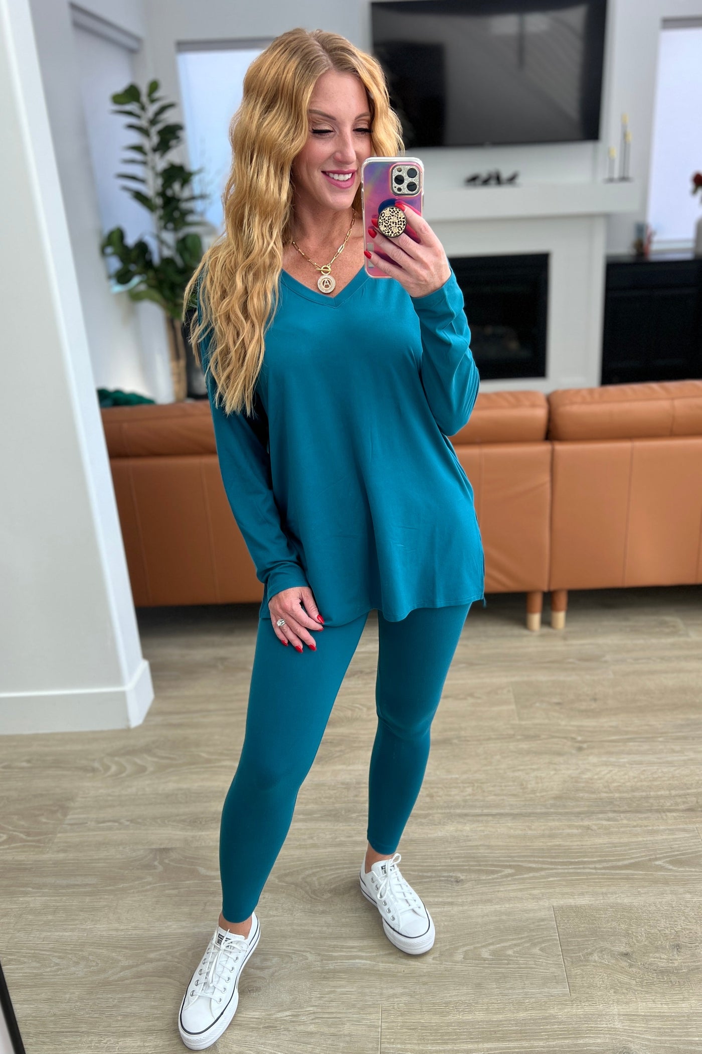 Slay All Day Buttery Soft V-Neck Long Sleeve Loungewear Set in Teal