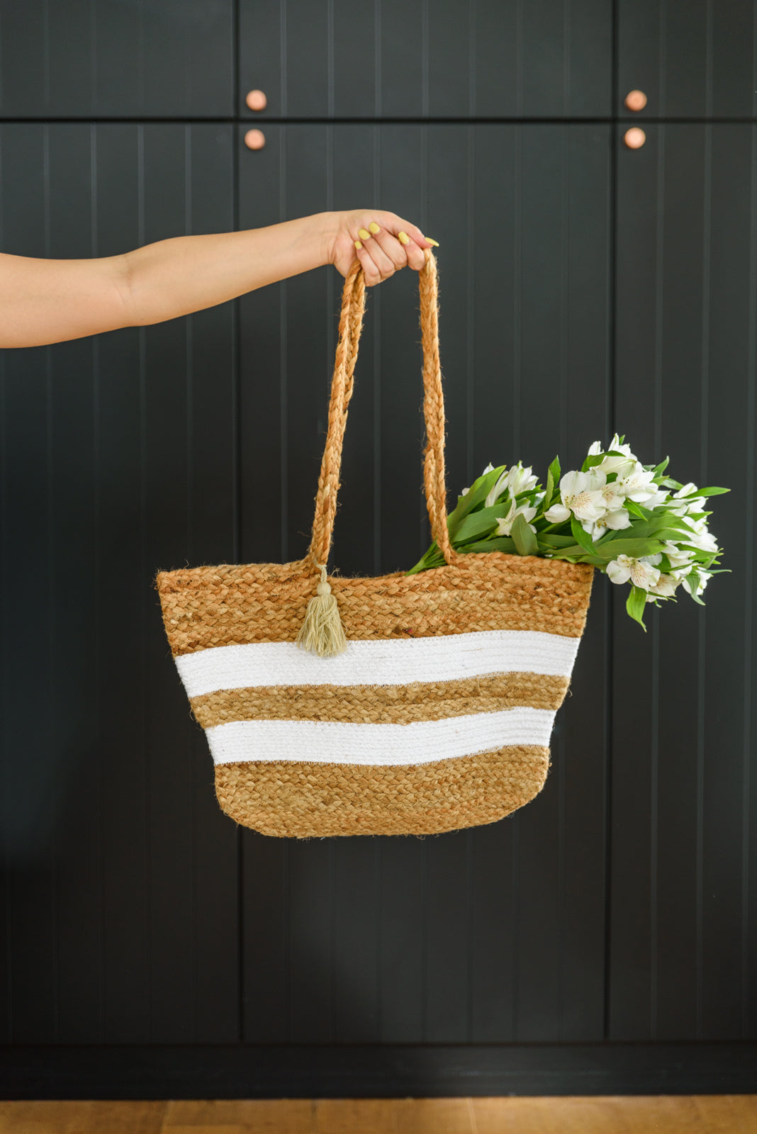 It's All Good Woven White and Natural Striped Tote Bag Womens Southern Soul Collectives 