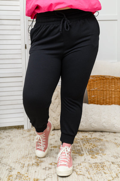 Kat High Waisted Textured Knit Joggers in Black Womens Southern Soul Collectives 