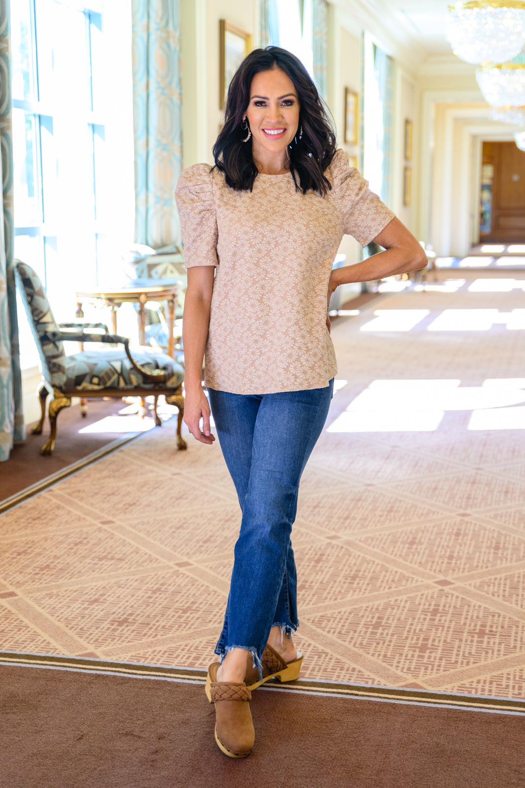 Kelsi Jacquard Puff Sleeve Top In Tan Womens Southern Soul Collectives 