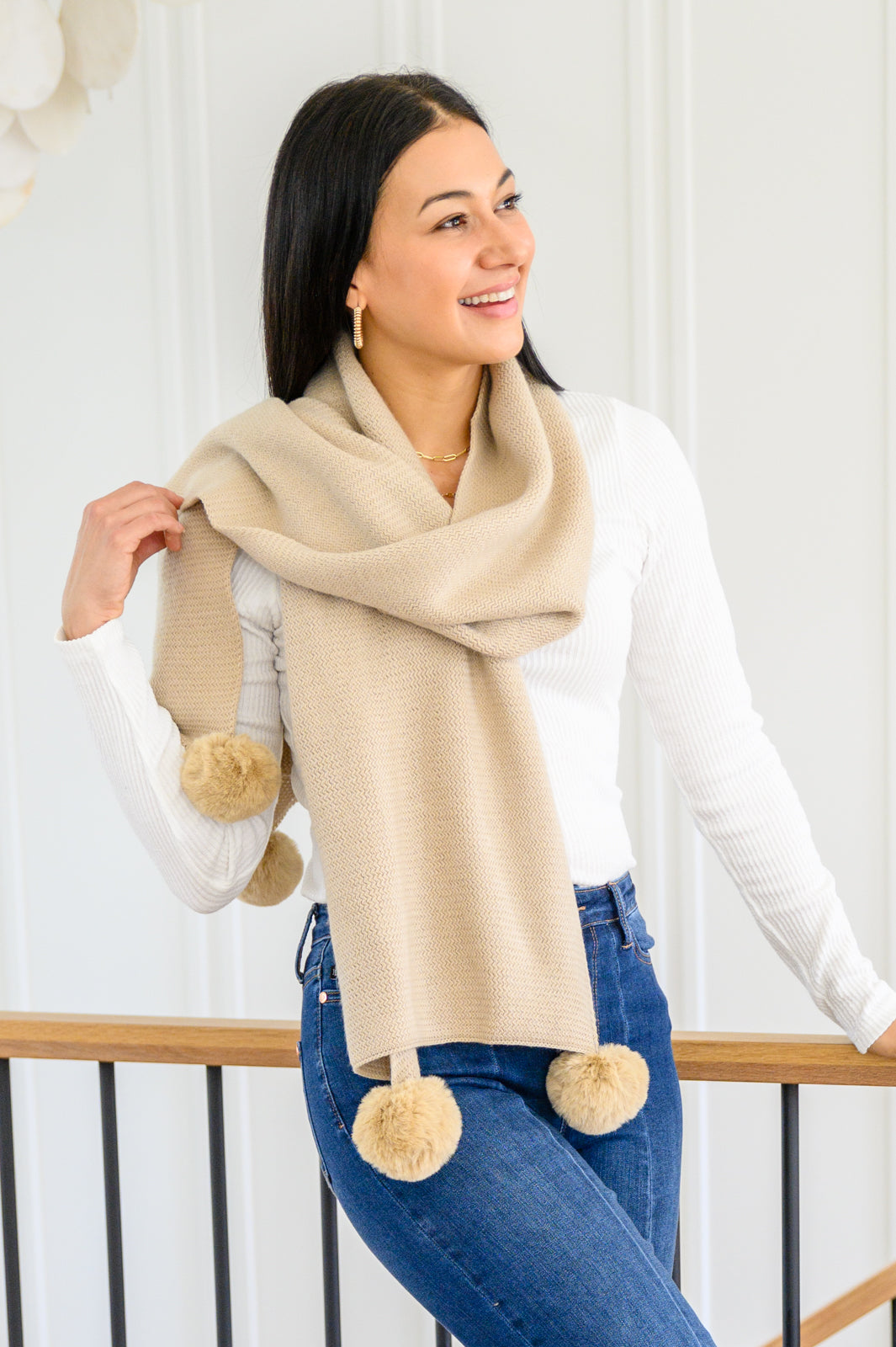 Knitted Fuzzy Pom Pom Scarf In Beige Womens Southern Soul Collectives 