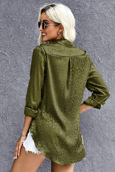 Leopard Print Button Down Slit High-Low Shirt in Olive  Southern Soul Collectives 