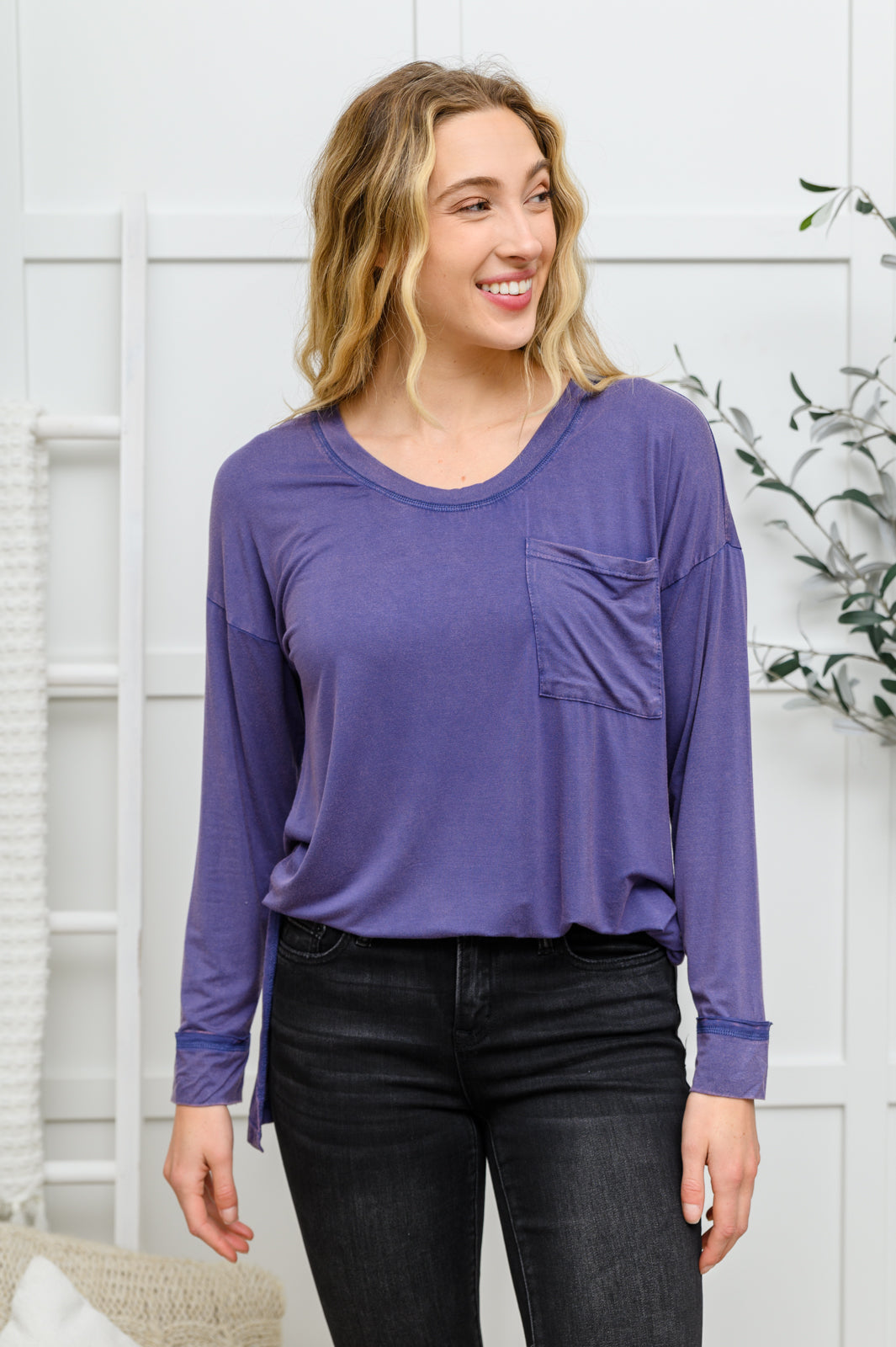 Long Sleeve Knit Top With Pocket In Denim Blue Womens Southern Soul Collectives 