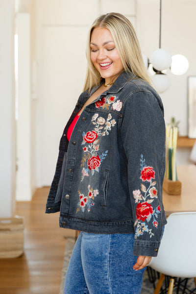 Lovely Visions Flower Embroidered Jacket in Charcoal Womens Southern Soul Collectives 