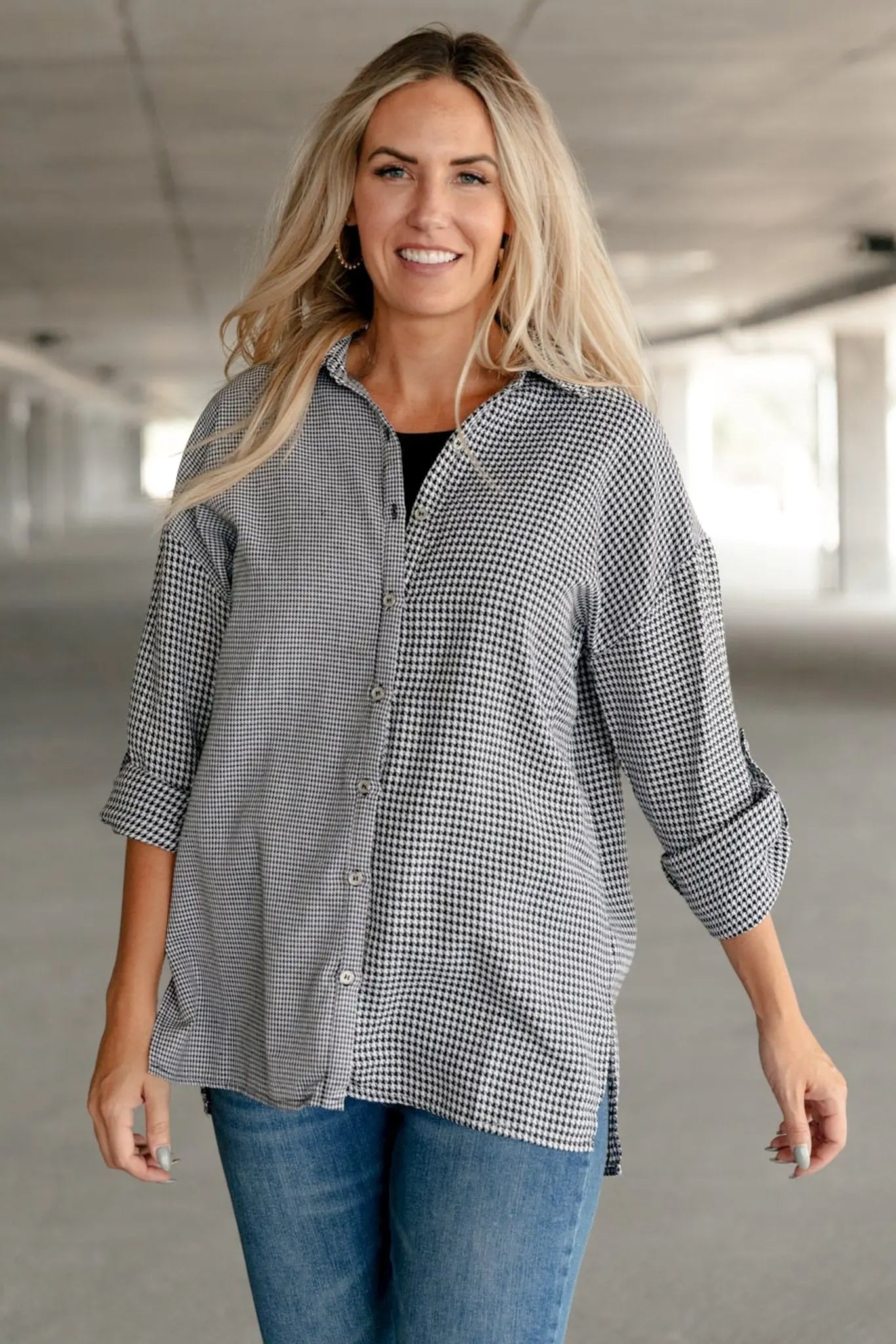 Mixed Houndstooth Button Up Top Womens Southern Soul Collectives 