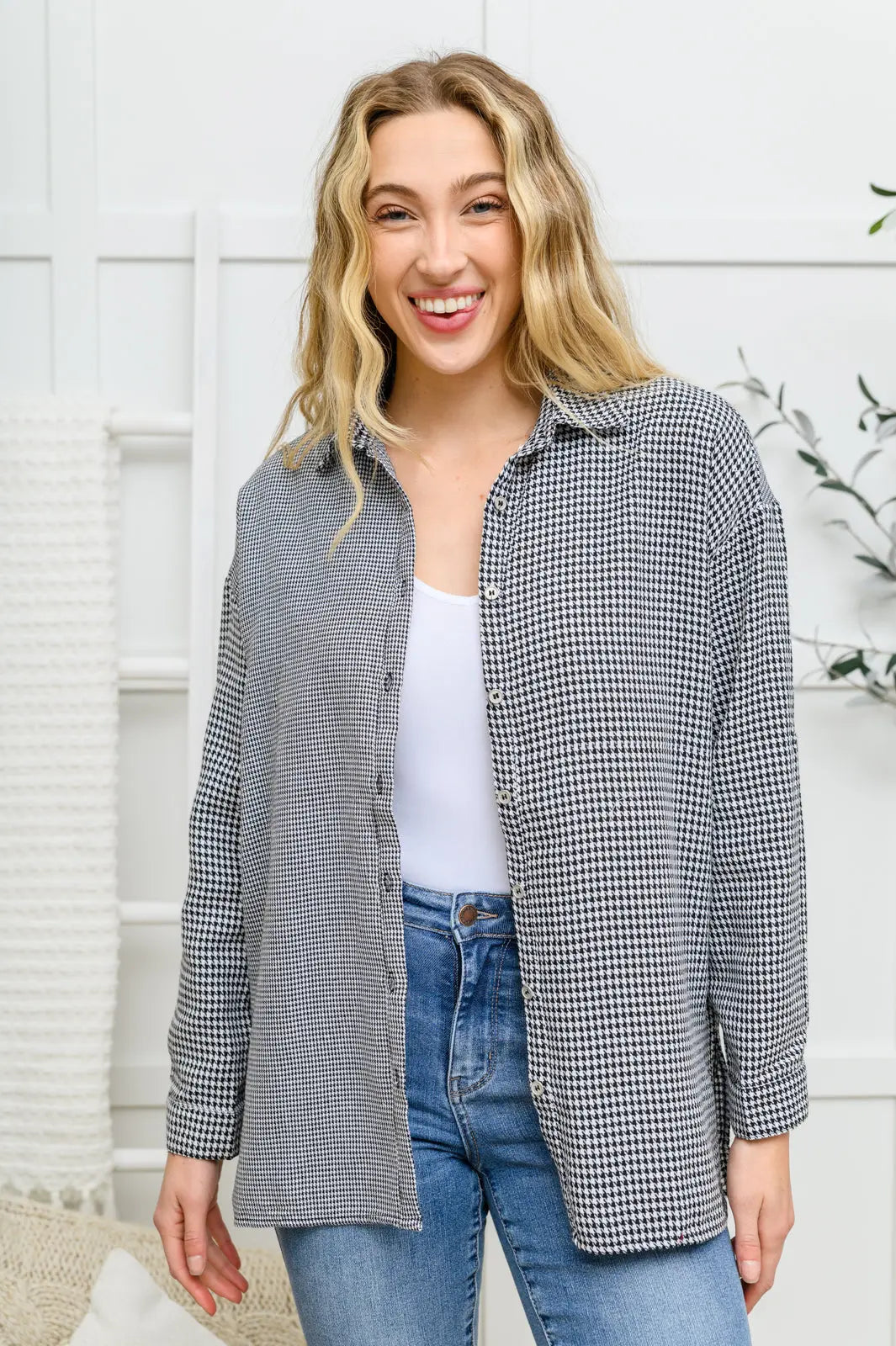 Mixed Houndstooth Button Up Top Womens Southern Soul Collectives 