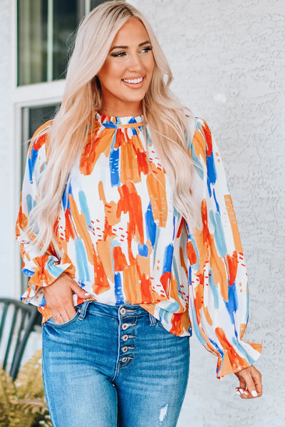 Multi-colored Paint Print Ruffle Collar Flounce Sleeve Top  Southern Soul Collectives 