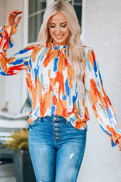 Multi-colored Paint Print Ruffle Collar Flounce Sleeve Top  Southern Soul Collectives 
