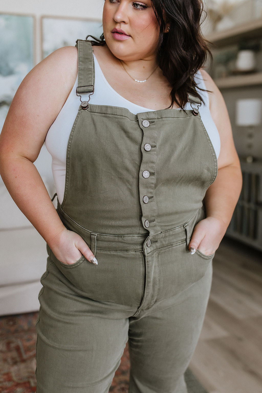 Olivia Control Top Release Hem Overalls in Olive Womens Southern Soul Collectives 