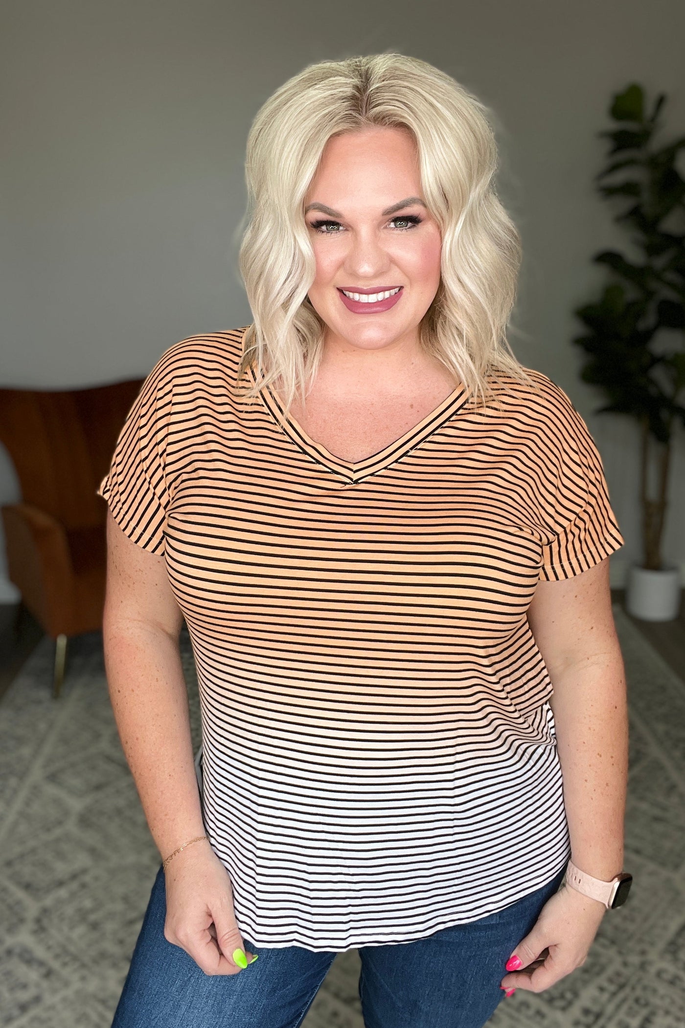 Ombre Stripe V-Neck T in Neon Coral Womens Southern Soul Collectives 
