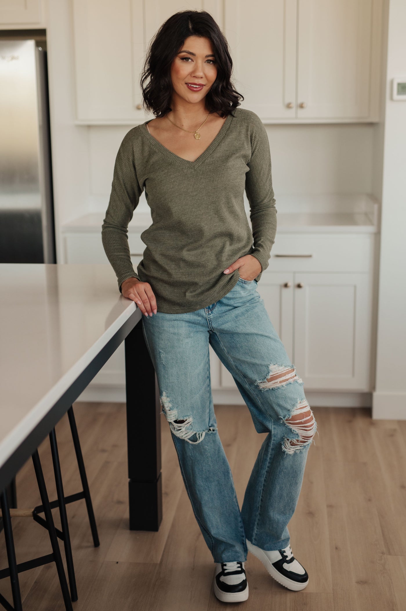 On a Roll Ribbed Knit V Neck Long Sleeve Top Womens Southern Soul Collectives