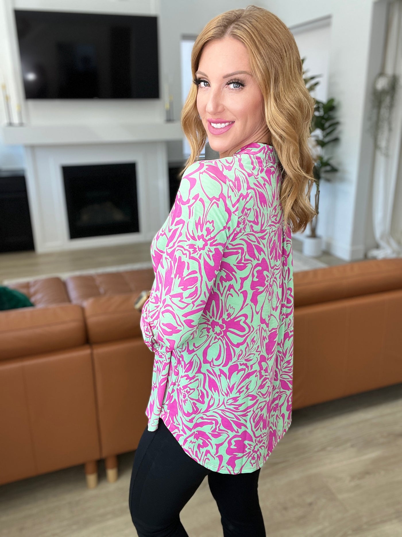 Lizzy Top in Emerald Pink Floral Tops Southern Soul Collectives