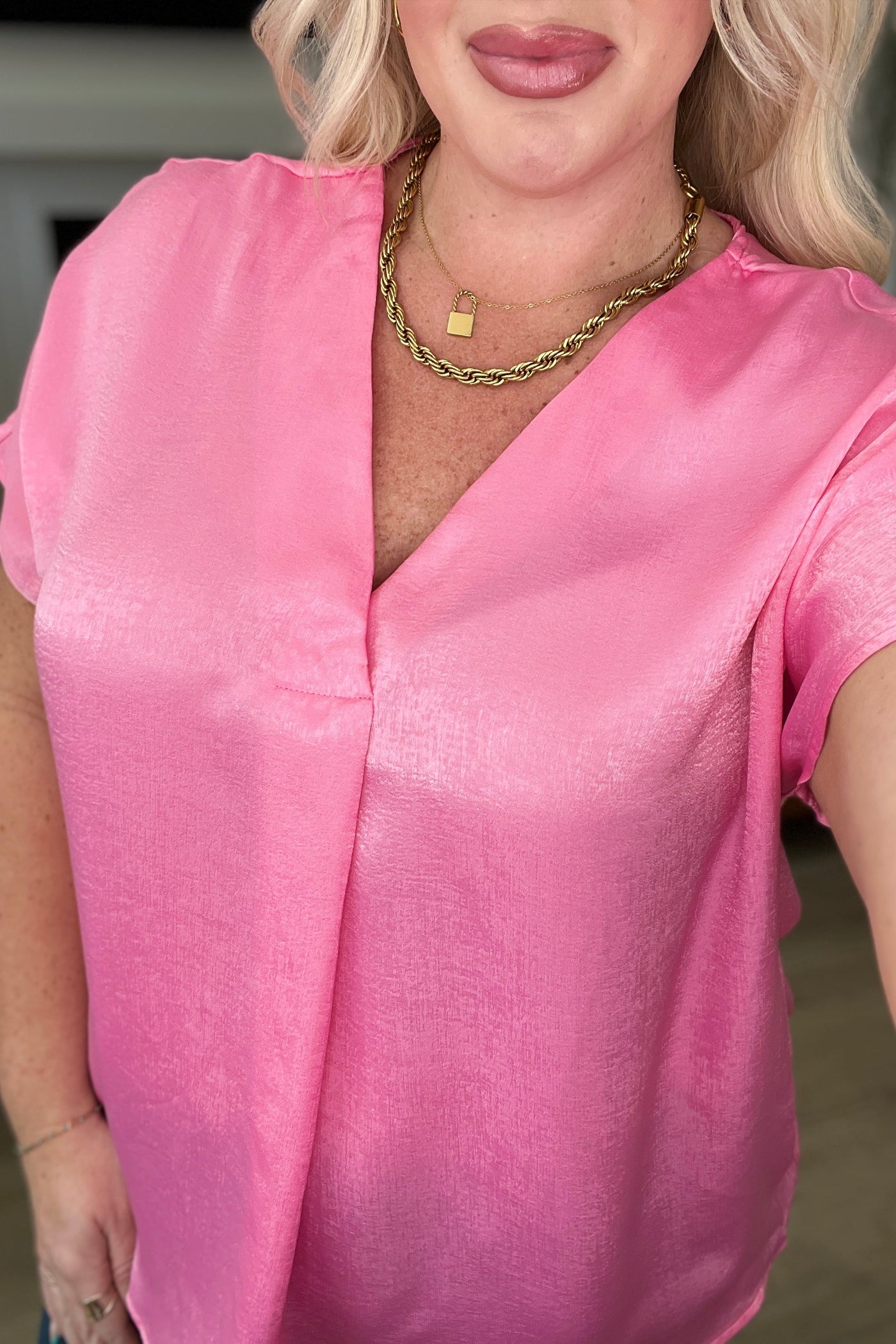 Pleat Front V-Neck Top in Pink Cosmos Tops Southern Soul Collectives