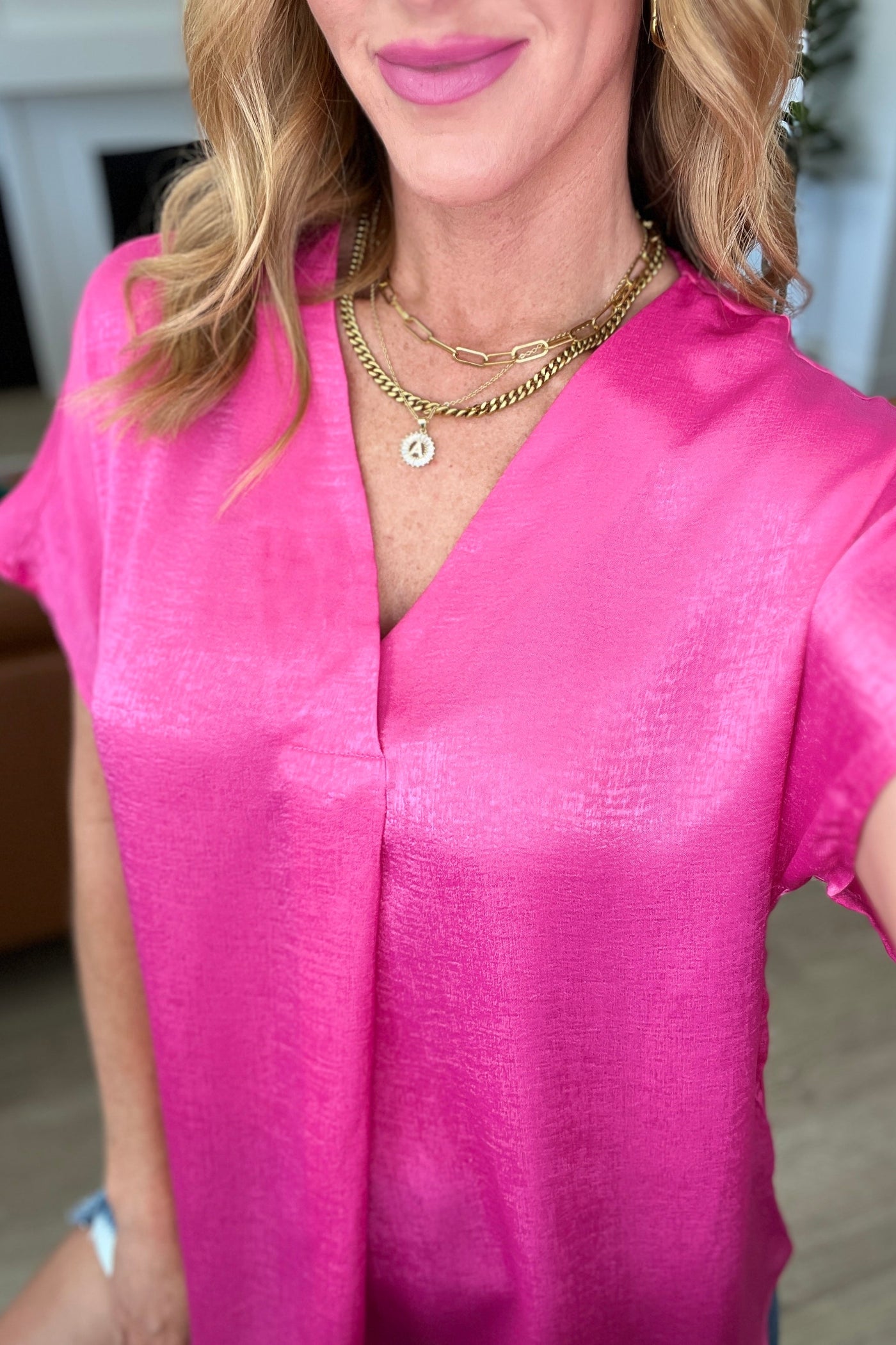 Pleat Front V-Neck Top in Hot Pink Tops Southern Soul Collectives