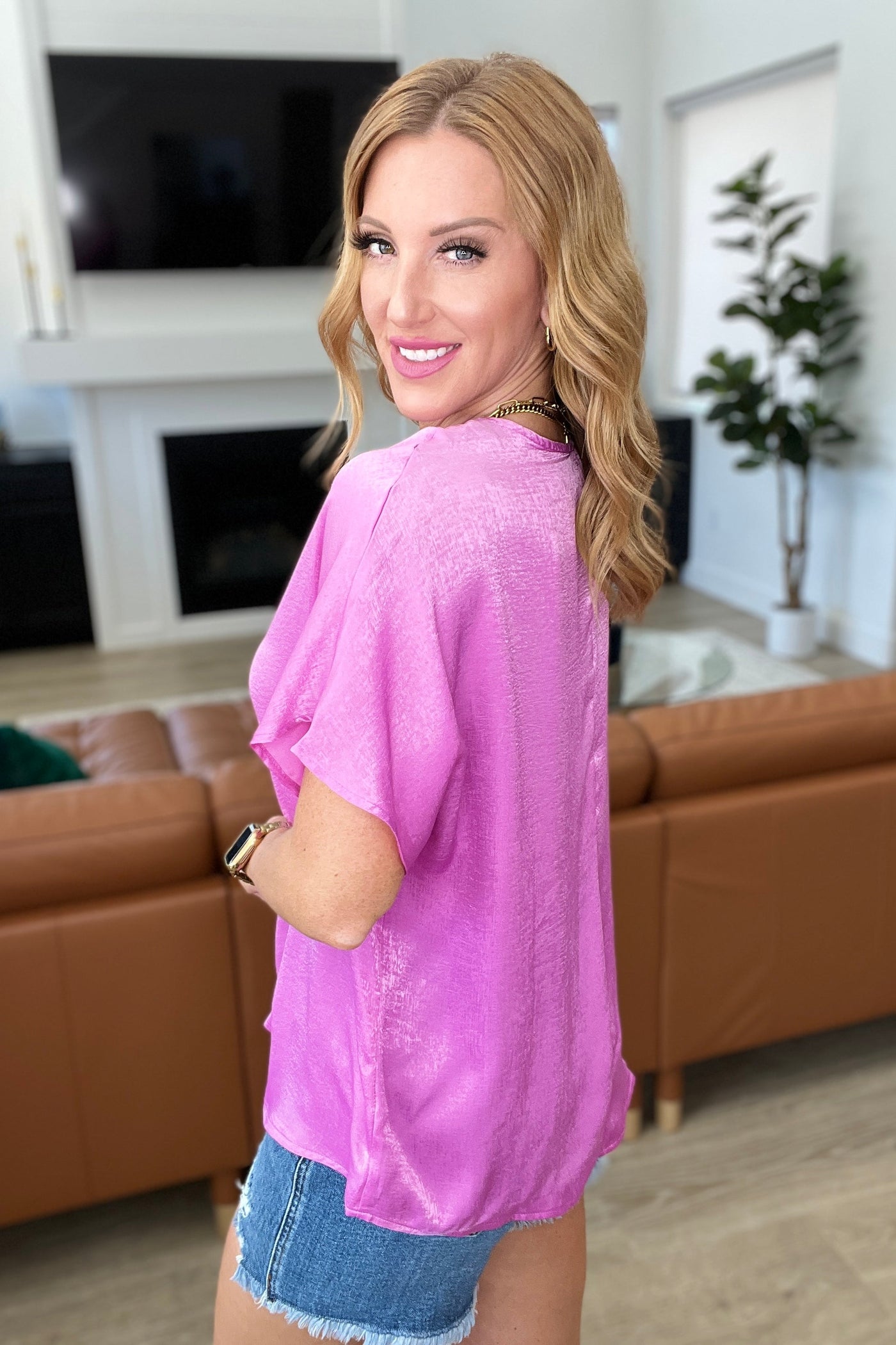 Pleat Front V-Neck Top in Spring Orchid Tops Southern Soul Collectives