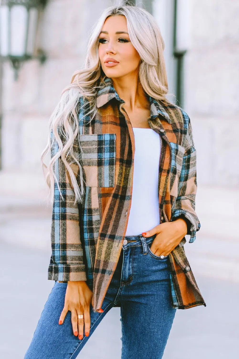 Plaid Curved Hem Shirt Jacket with Breast Pockets  Southern Soul Collectives 