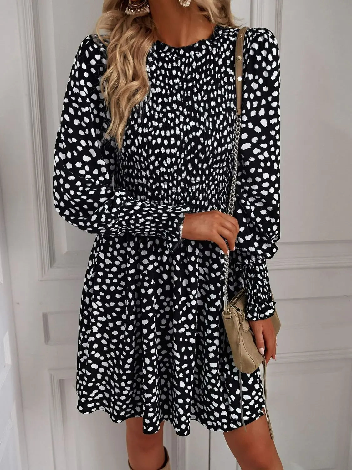 Printed Puff Long Sleeve Smocked Knee Length Dress  Southern Soul Collectives 