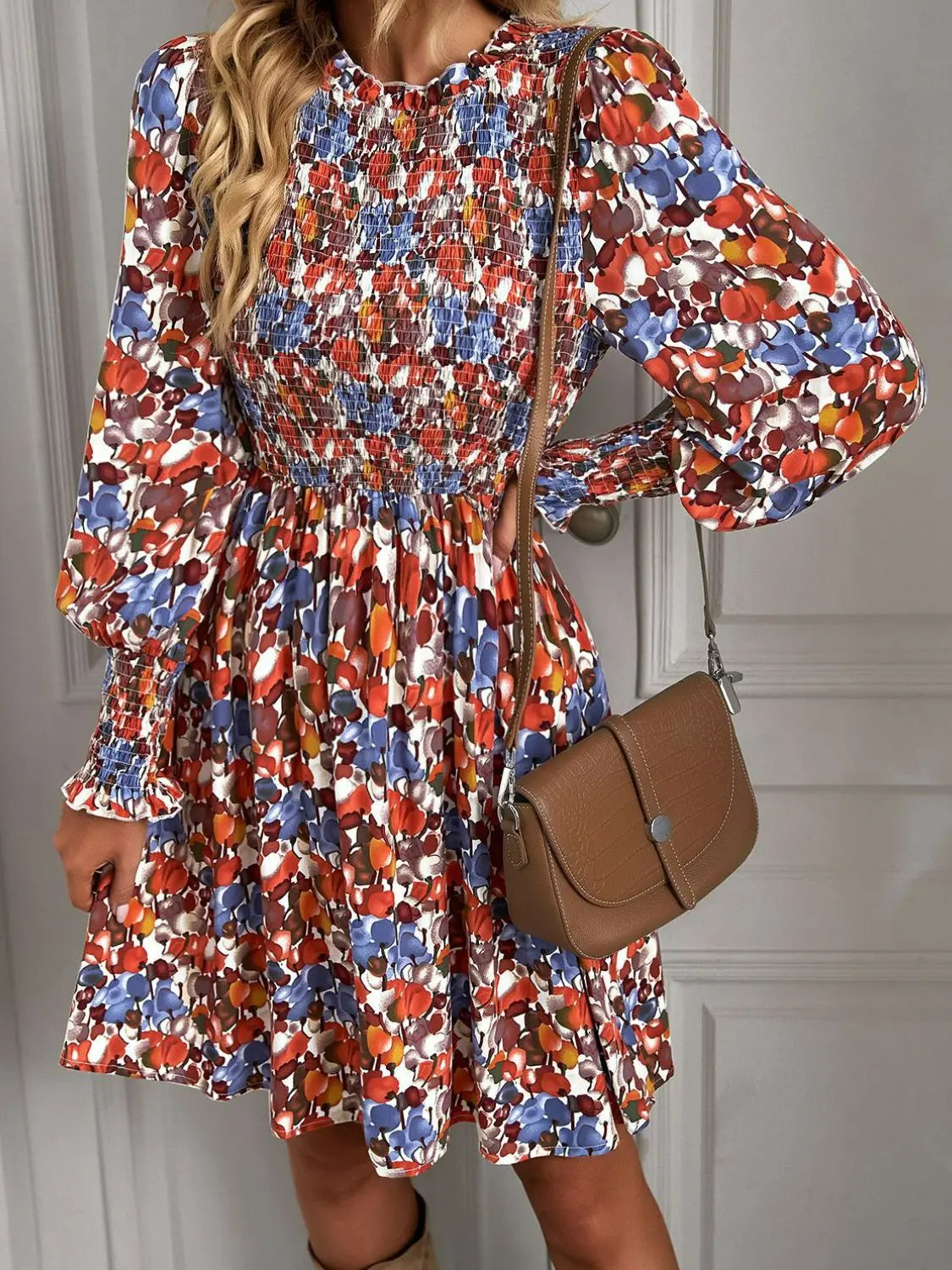 Printed Puff Long Sleeve Smocked Knee Length Dress  Southern Soul Collectives 
