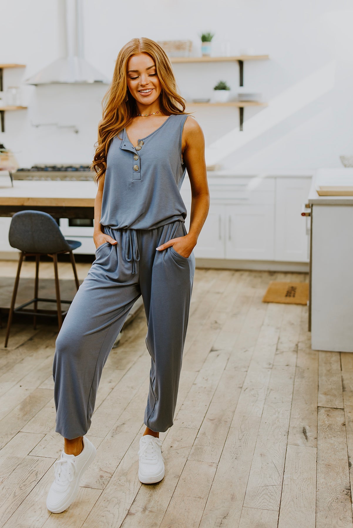 Relaxing Weekend Sleeveless Jumpsuit in Gray Blue Womens Southern Soul Collectives 