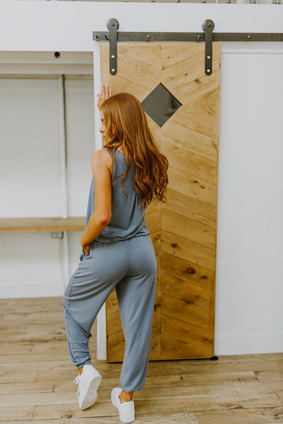 Relaxing Weekend Sleeveless Jumpsuit in Gray Blue Womens Southern Soul Collectives 
