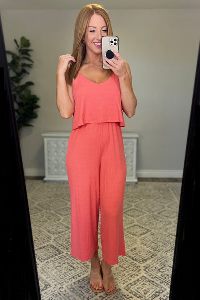 Ribbed Double Layer Jumpsuit in Deep Coral Womens Southern Soul Collectives 