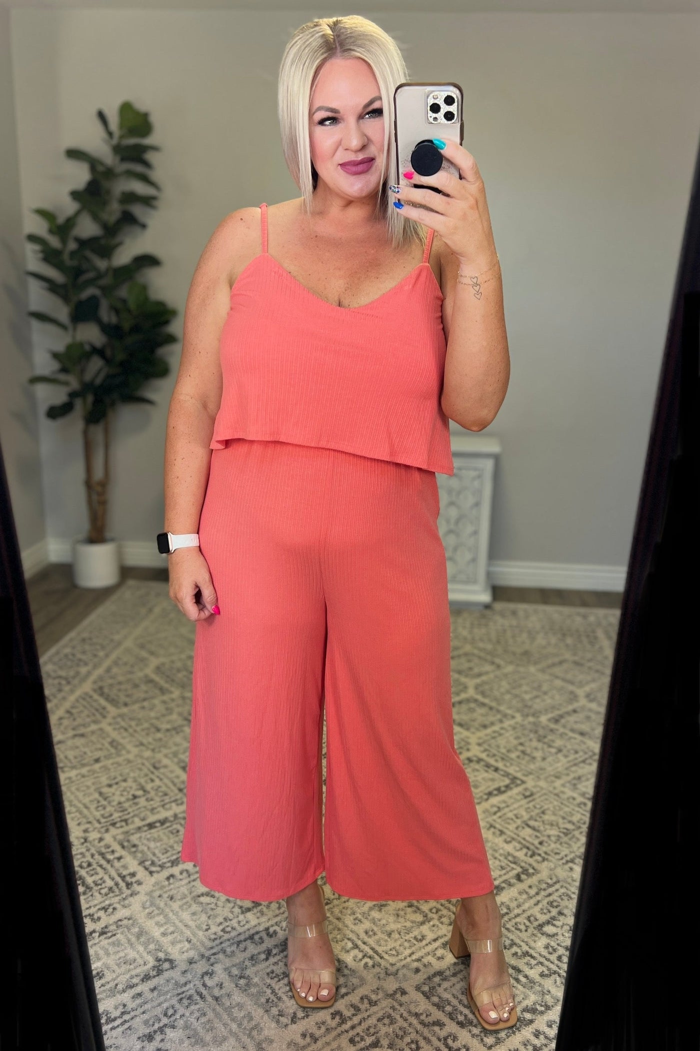 Ribbed Double Layer Jumpsuit in Deep Coral Womens Southern Soul Collectives 