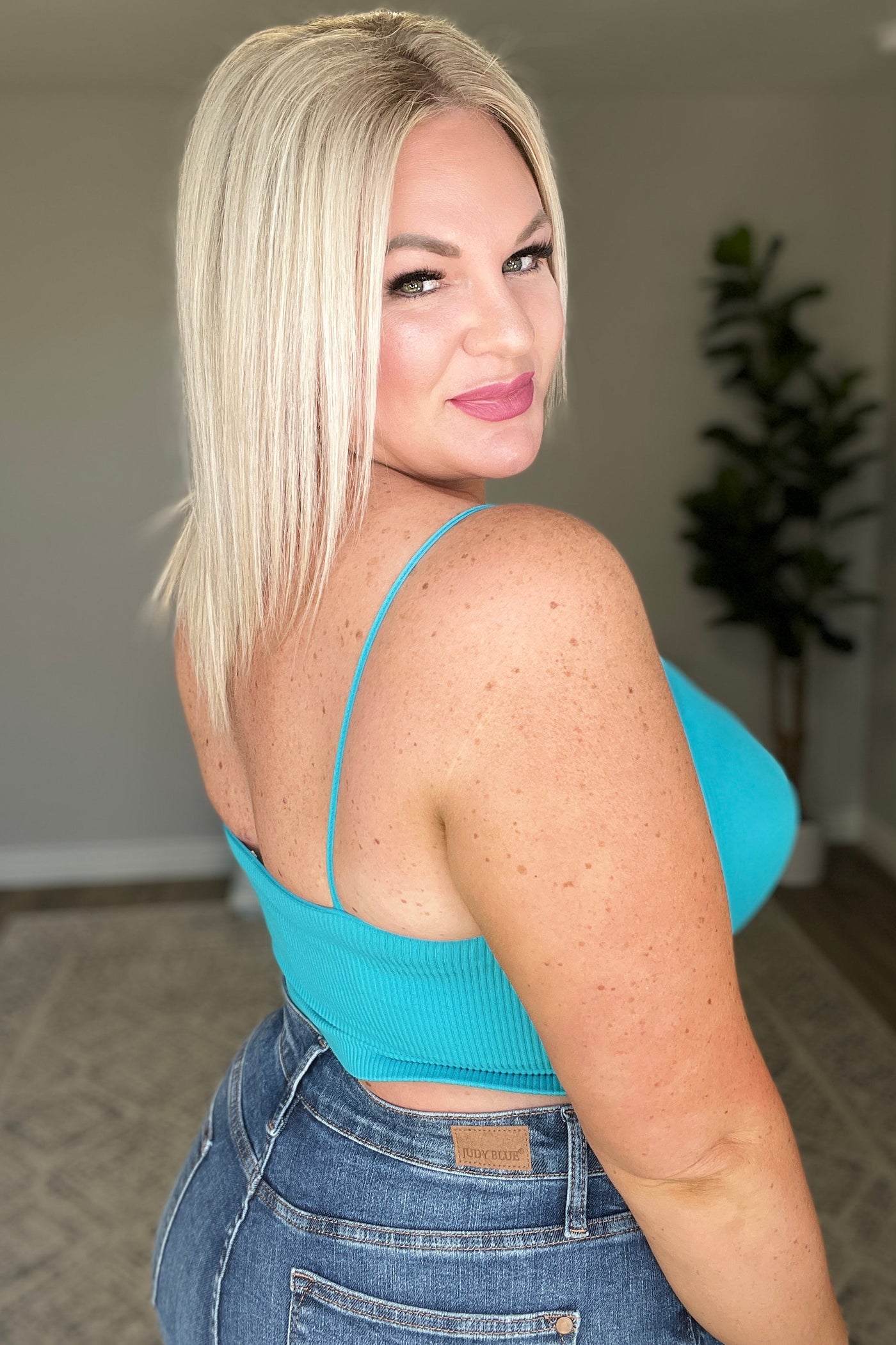 Ribbed Seamless Spaghetti Strap Crop Cami in Ice Blue Womens Southern Soul Collectives 
