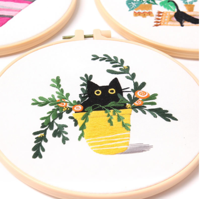 Cute Cat Embroidery Kit Yellow Pot Womens Southern Soul Collectives
