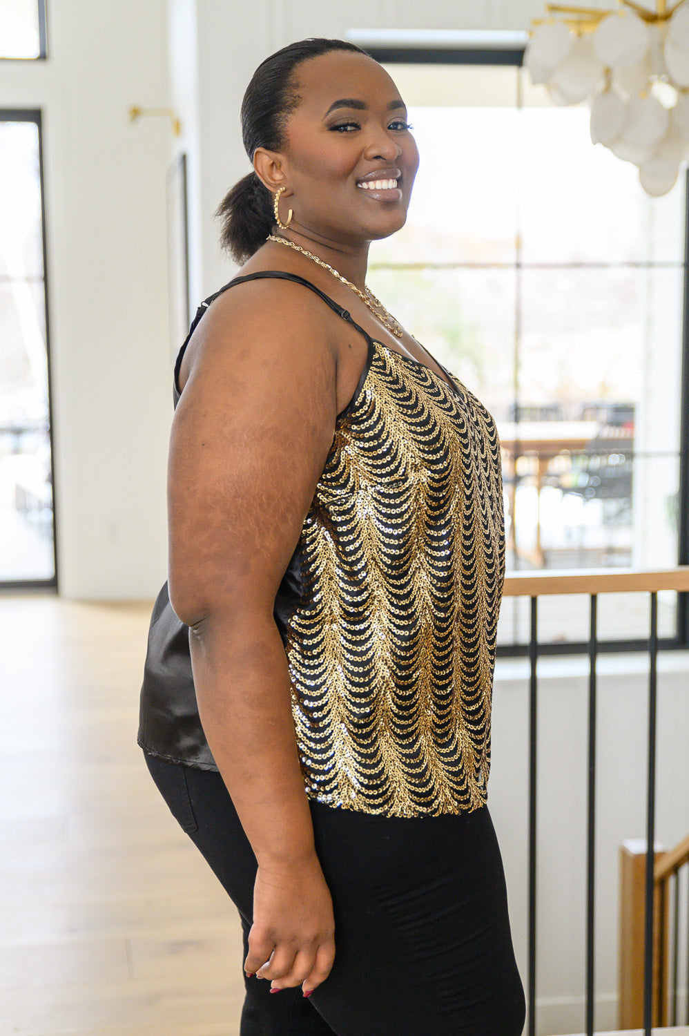 Stayin' Alive V-Neck Sequin Tank in Gold Womens Southern Soul Collectives 