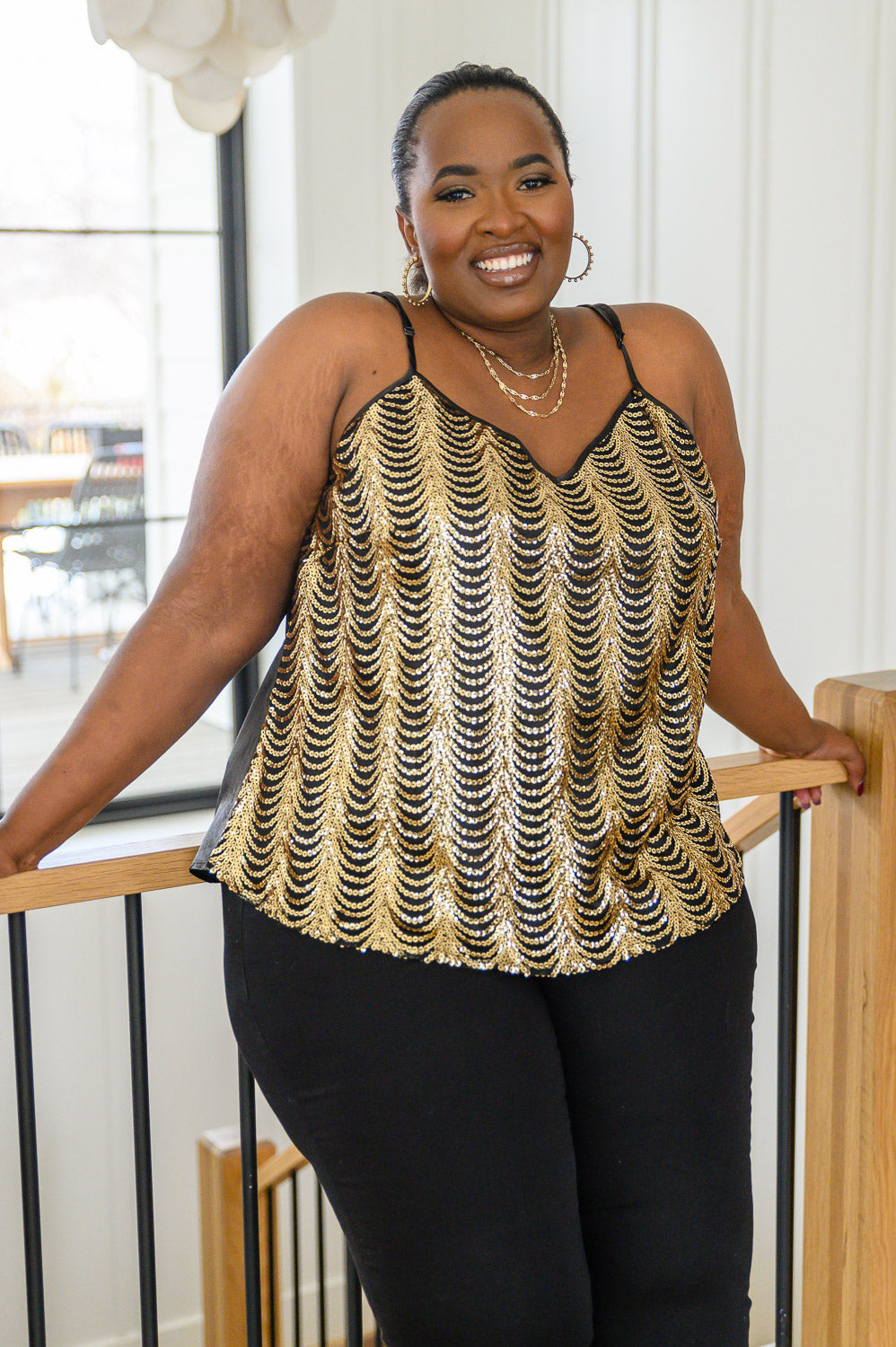 Stayin' Alive V-Neck Sequin Tank in Gold Womens Southern Soul Collectives 