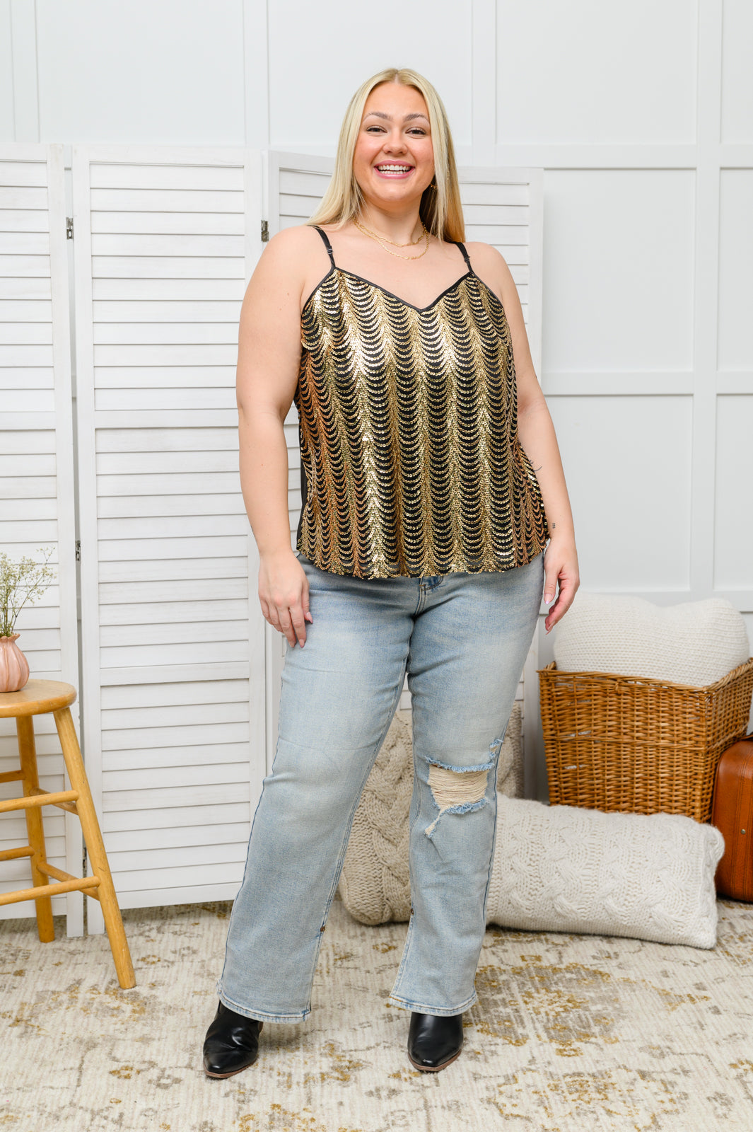 Stayin' Alive V-Neck Sequin Tank in Gold Womens Southern Soul Collectives 