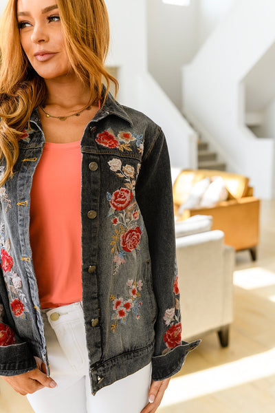 Lovely Visions Flower Embroidered Jacket in Charcoal Womens Southern Soul Collectives 