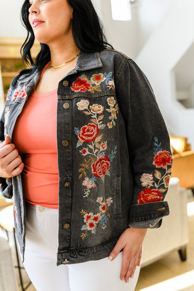 Lovely Visions Flower Embroidered Jacket in Charcoal Womens Southern Soul Collectives 