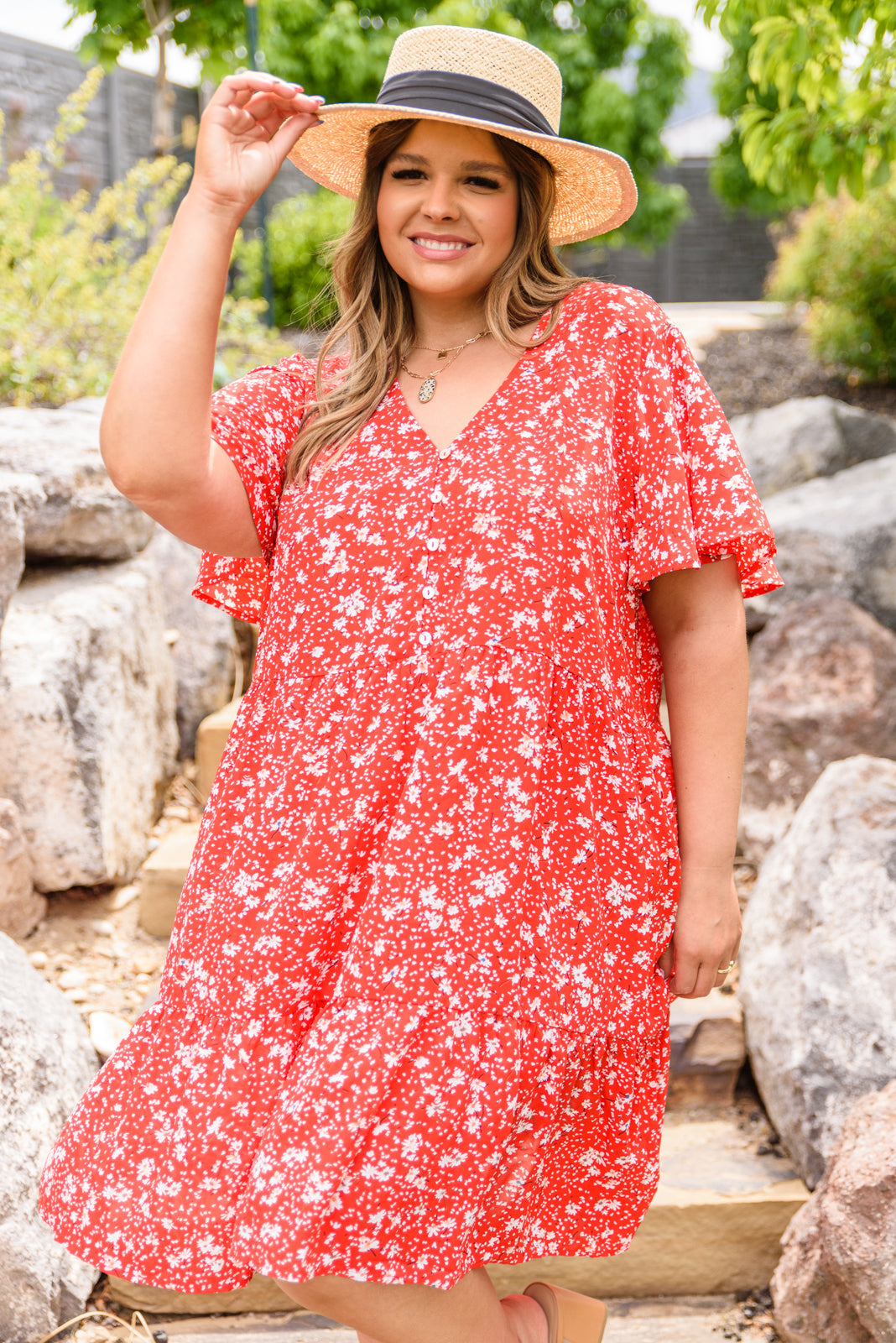 The Way Back Red Dress with White Dainty Flowers Womens Southern Soul Collectives 