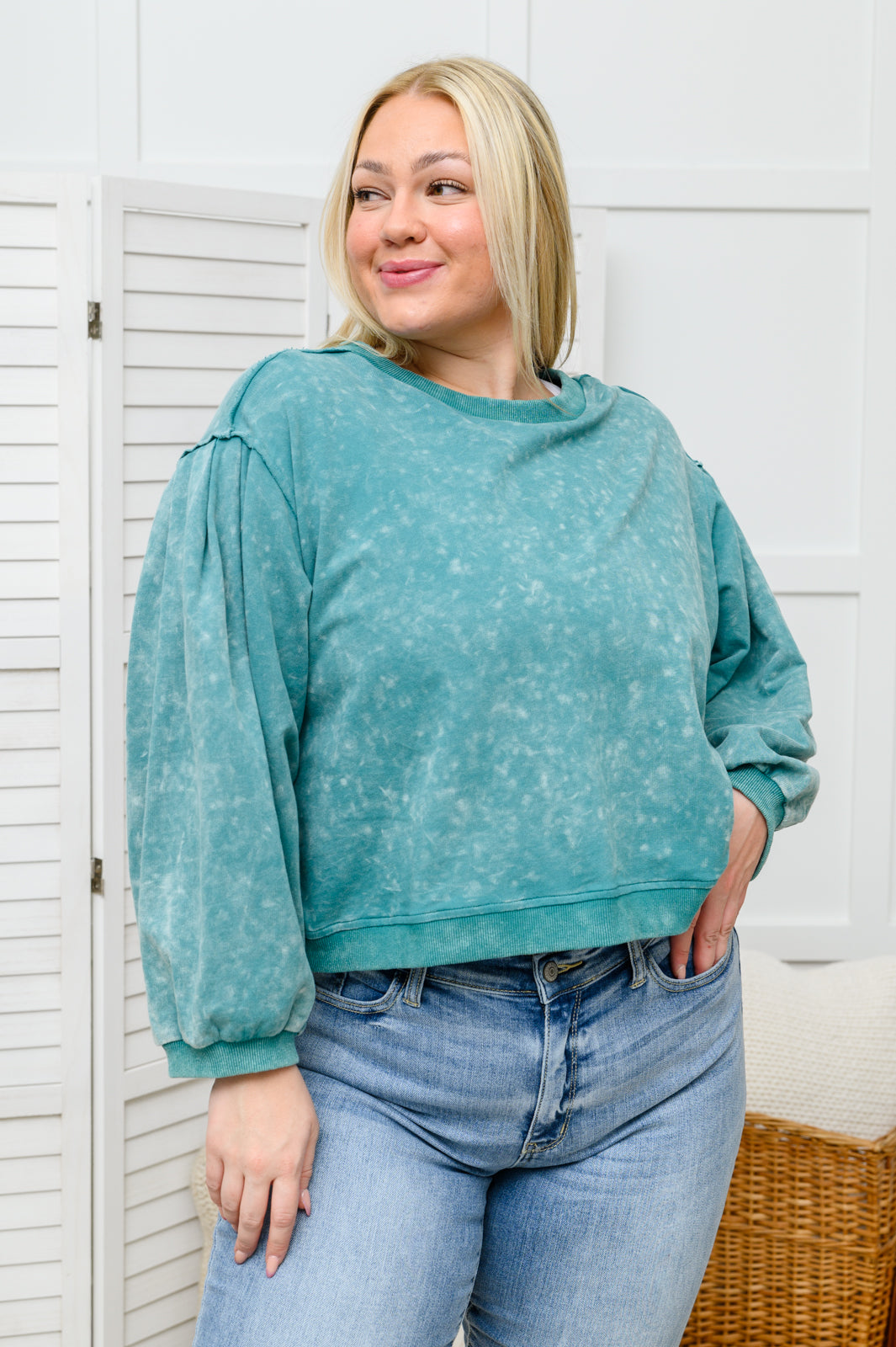 Tied Up In Cuteness Mineral Wash Sweater in Teal Womens Southern Soul Collectives 
